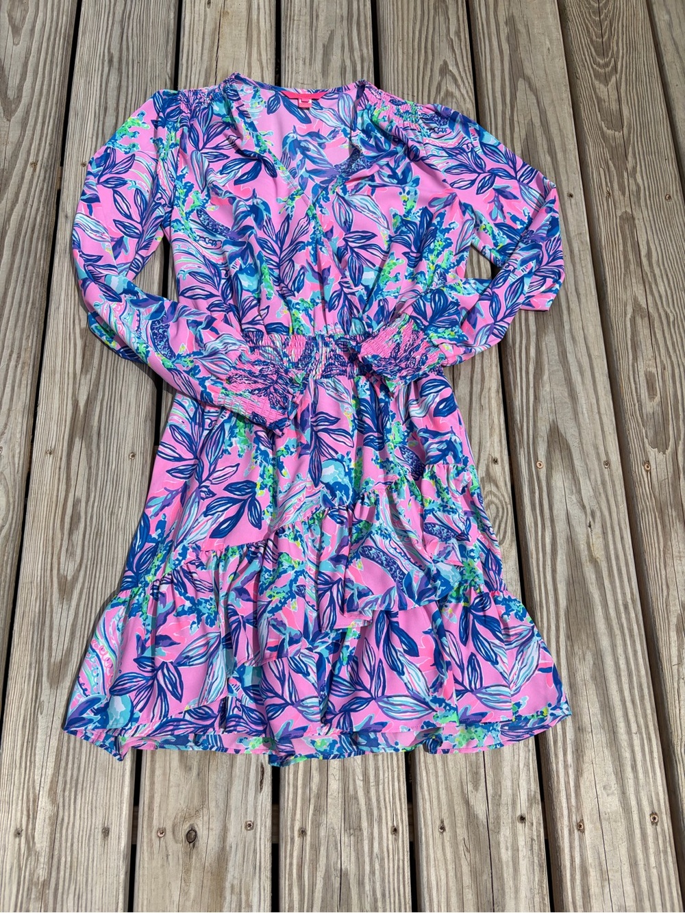 Lilly Pulitzer Cristiana long Sleeve Floral Ruffle Mini Dress Smocked Size 8 - Picture 2 of 11